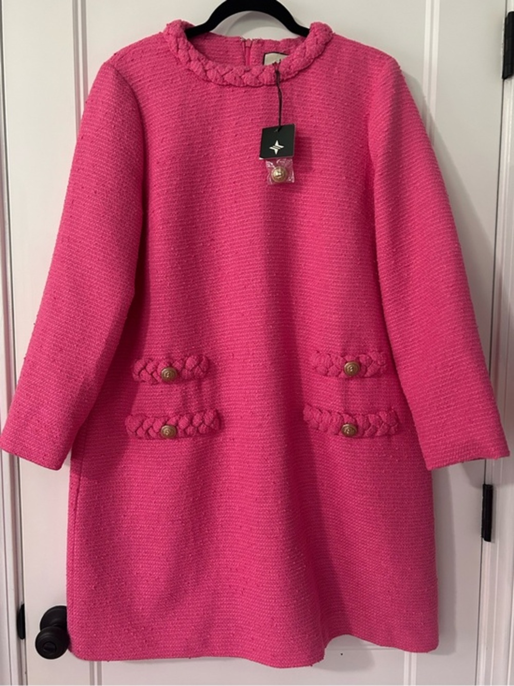Tuckernuck Jackie Dress XL Hot Pink Boucle Tweed Gold Button Shift NWT Bridal